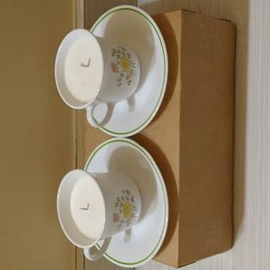 Vintage Set Of 2 Corning Corelle Candle Filled Coffee Tea Mugs Cups & Saucers